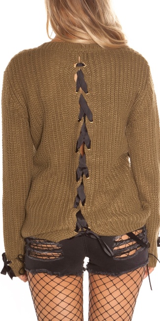 Trendy chunky knit jumper with lacing Khaki